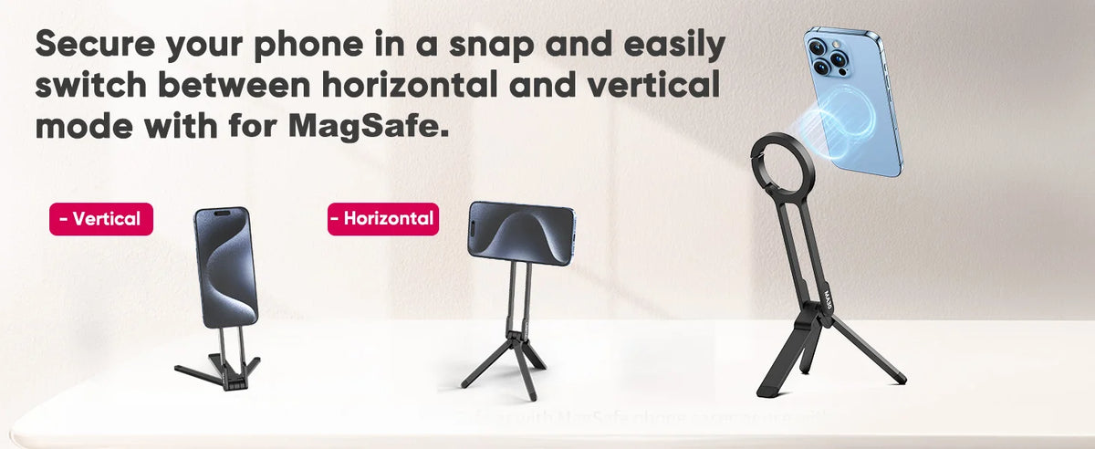 A magnetic phone tripod stand with a carabiner is shown in vertical and horizontal modes.