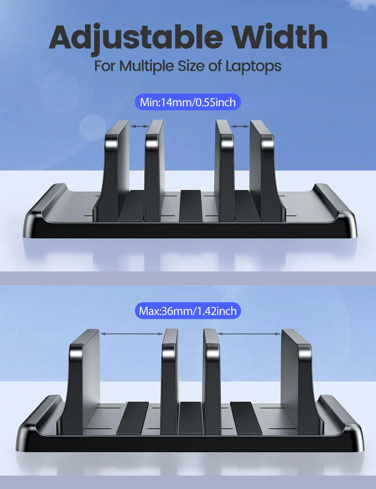 Adjustable width vertical laptop stand organizer for multiple sizes of laptops with minimum 14mm and maximum 36mm capacity