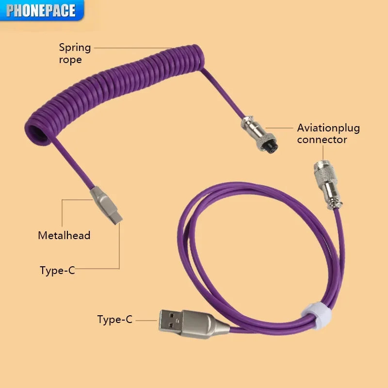Purple spring rope USB-C cable with metalhead and aviation plug connector