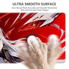 A close-up of a red gaming mouse pad featuring an aggressive dragon design and a hand using a white mouse on the surface.