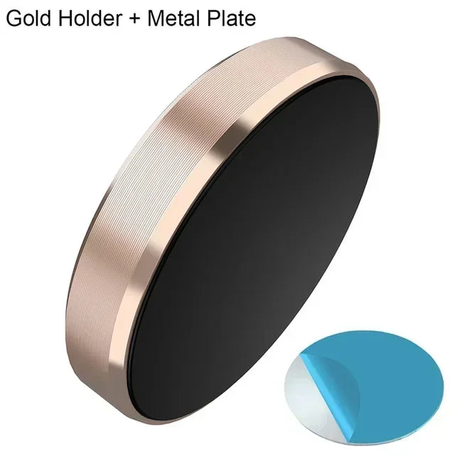 A round gold holder with a metal plate and a blue accent piece.