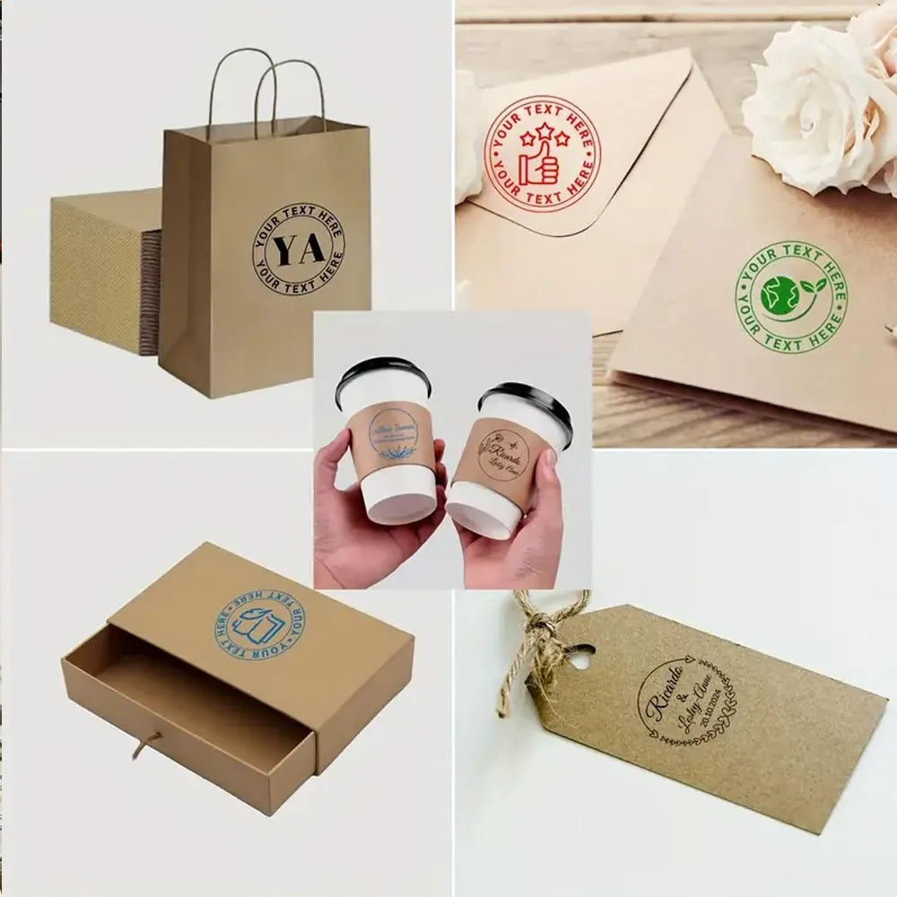 Various mockups of custom self-inking stamps with logos and text on kraft paper and packaging boxes.