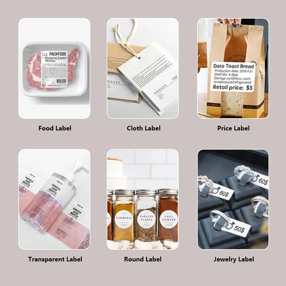 Varias etiquetas de papel térmico autoadhesivas, incluyendo para alimentos, telas, precios, transparentes, redondas y joyería