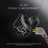 KZ-ZST sound to be different wired headphones with a black patterned body and gold connector.