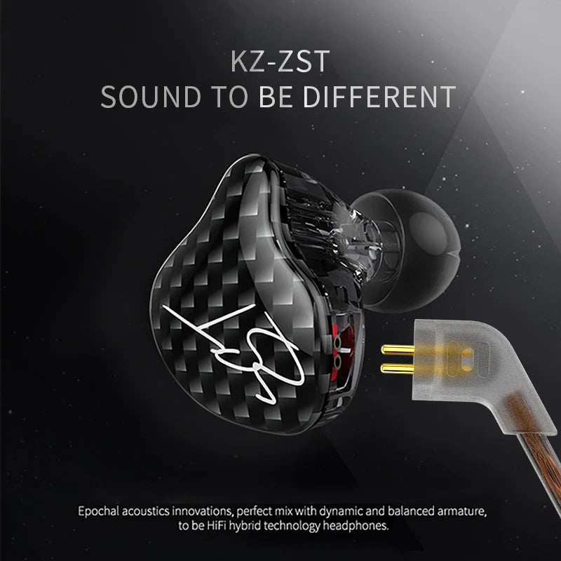 KZ-ZST sound to be different wired headphones with a black patterned body and gold connector.