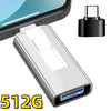 Silver USB 3.0 flash drive with Lightning and Type-C connectors shown next to a smartphone.