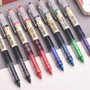 A collection of precision rollerball gel pens in various colors, including black, red, purple, and green.