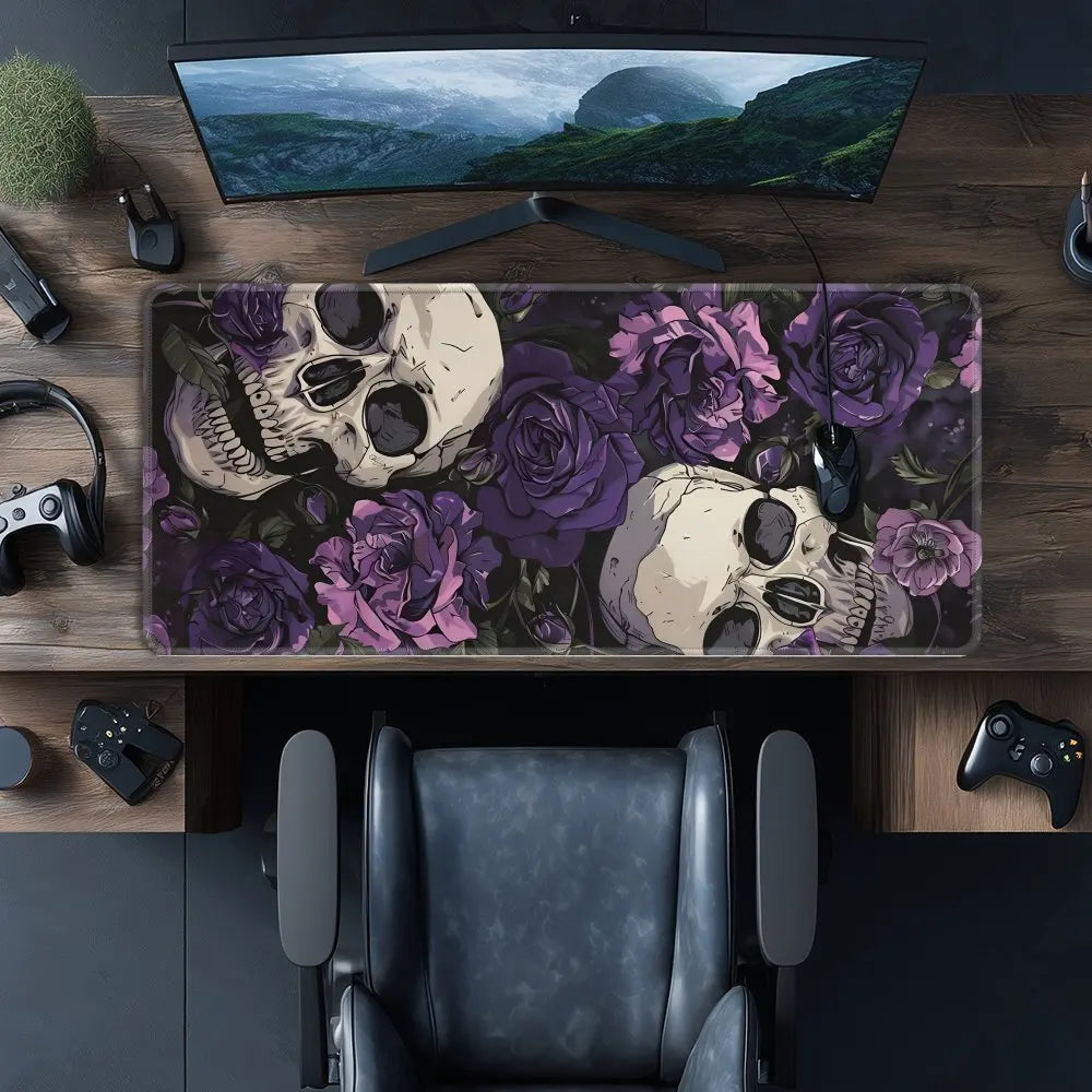 A dark desk mat featuring a gothic design of skulls and purple roses placed on a wooden desk.