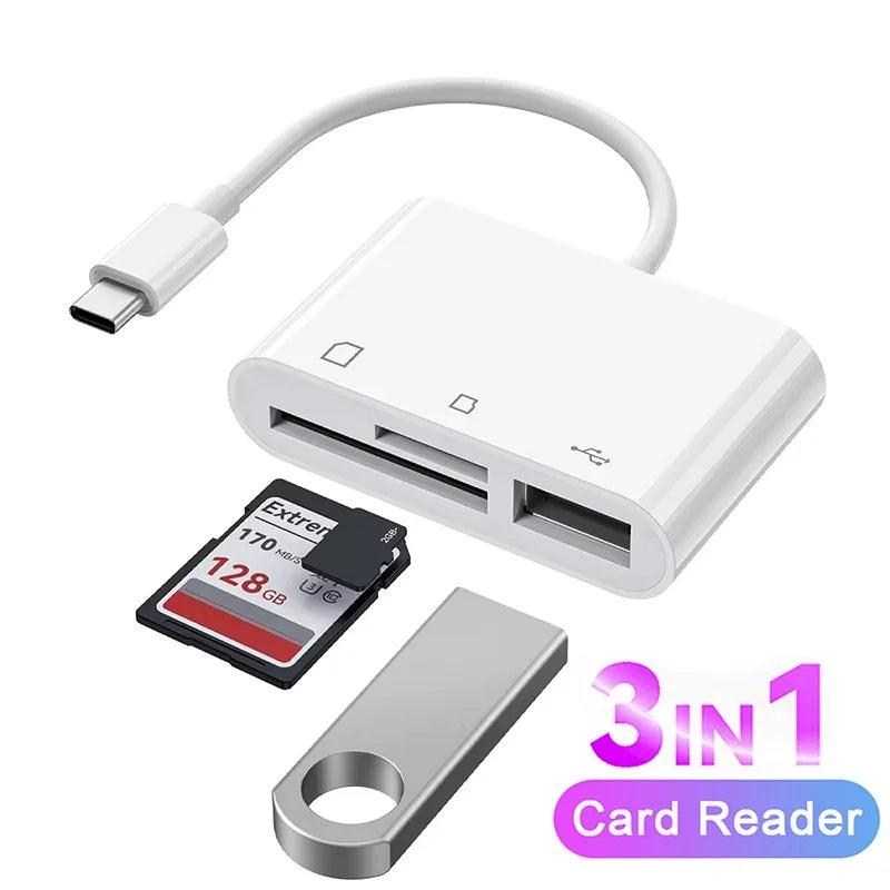 A white 3-in-1 card reader adapter featuring a USB connector and slots for memory cards.