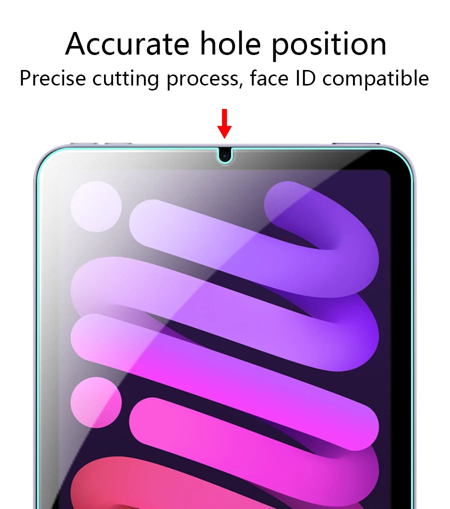 A close-up of a transparent screen protector being applied to an iPad screen, showing precise hole positioning.