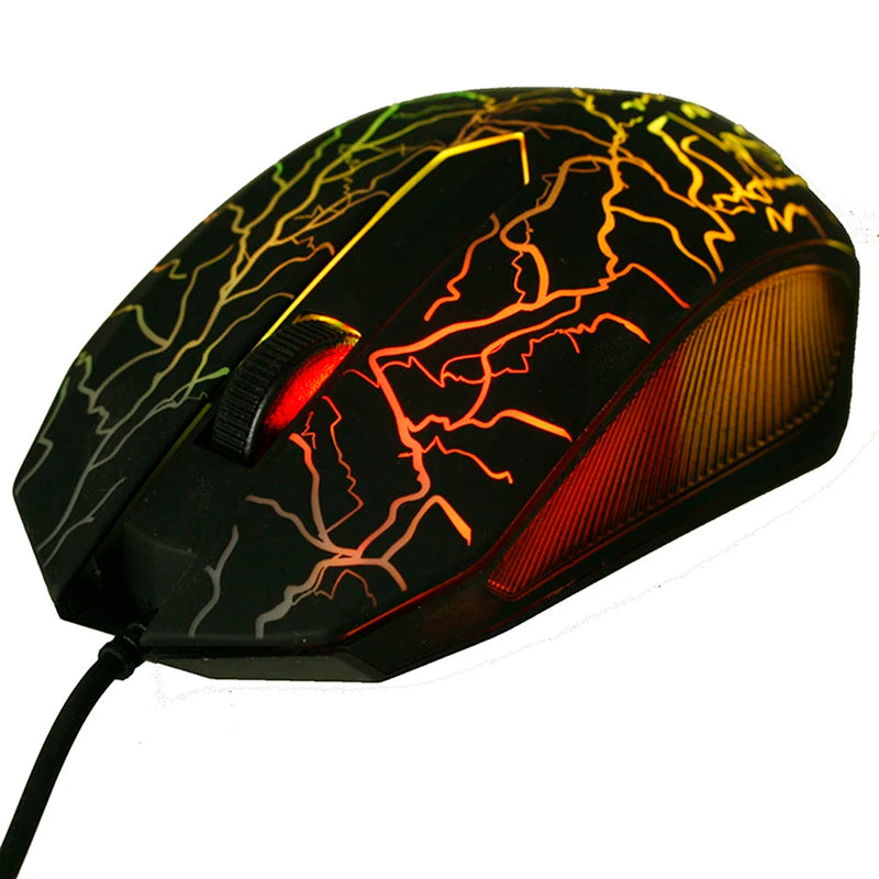 Black ergonomic wired gaming mouse featuring orange lightning bolt LED lighting.