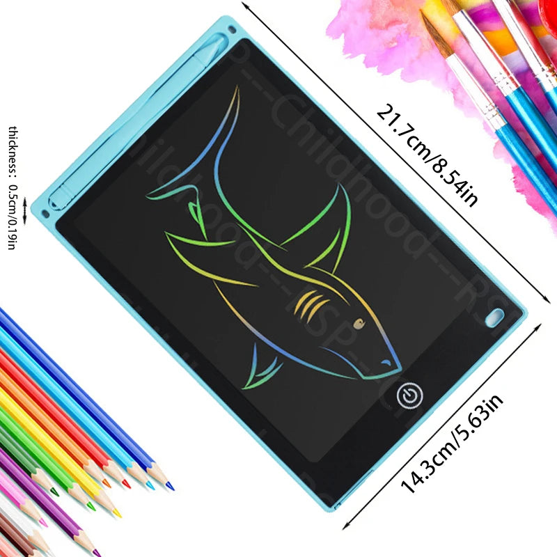 A blue portable LCD drawing tablet showing a yellow outline of a fish on the screen.