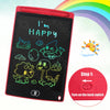 A red LCD writing tablet for kids displaying a happy face and various drawings on a black screen.