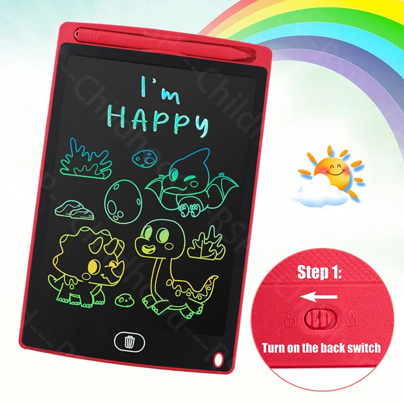 A red LCD writing tablet for kids displaying a happy face and various drawings on a black screen.