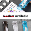A hand is holding a blue mini reusable hand clamp stapler next to various color options and a diagram.