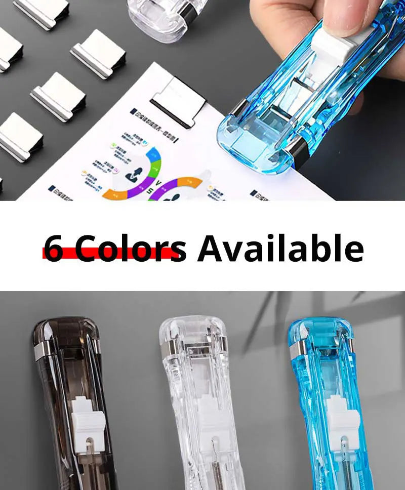 A hand is holding a blue mini reusable hand clamp stapler next to various color options and a diagram.