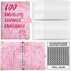 Pink marble A5 budget binder with cash envelopes and a corresponding tracker sheet.