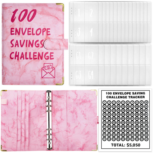 Pink marble A5 budget binder with cash envelopes and a corresponding tracker sheet.
