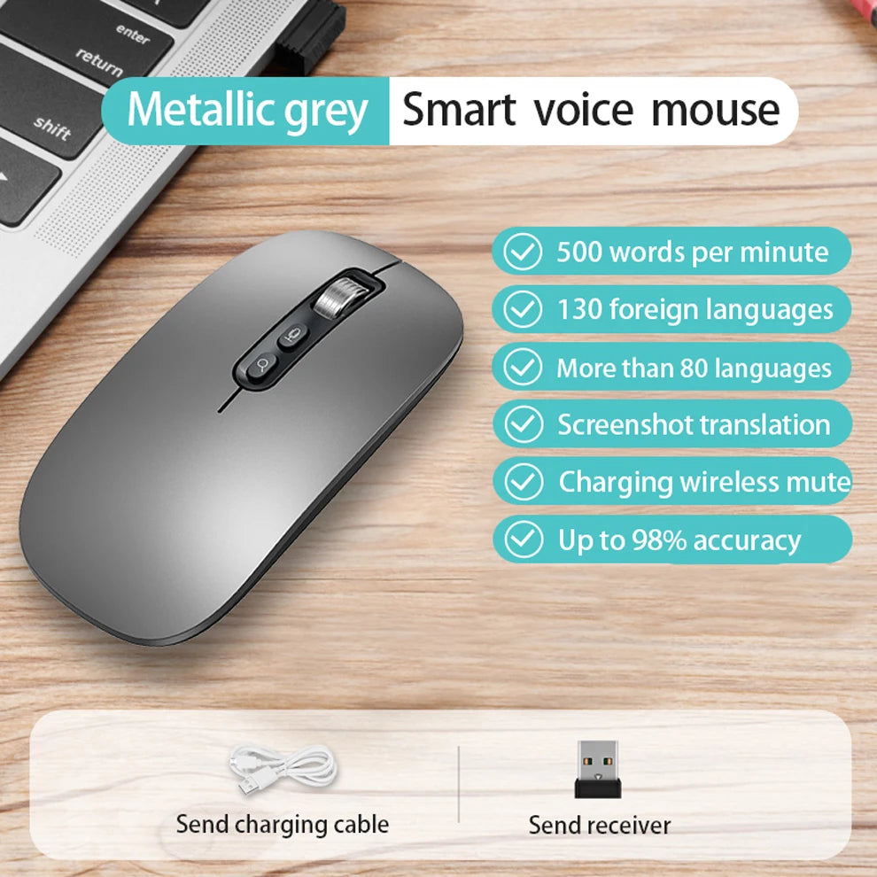Metallic grey smart voice mouse shown next to a laptop keyboard and charging components.