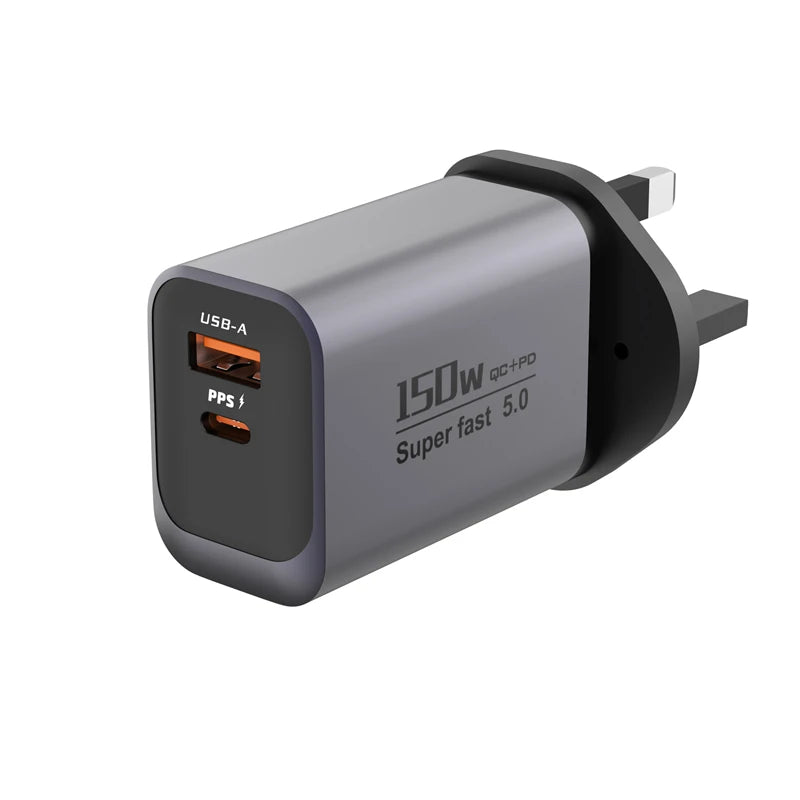 A gray wall charger with a USB-A port and a DC output, labeled 150W QC+PD Super fast 5.0.