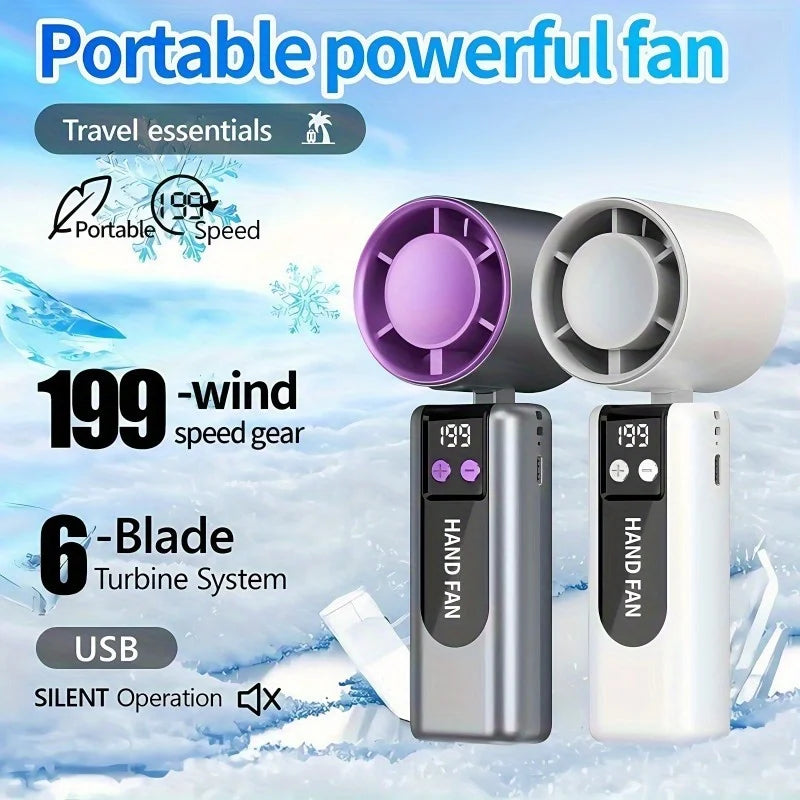 A portable powerful fan with a 6-blade turbine system and USB power, shown against a snowy background.