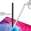 A black Chrome plated switch matching stylus pen is shown next to a pink and blue tablet screen.