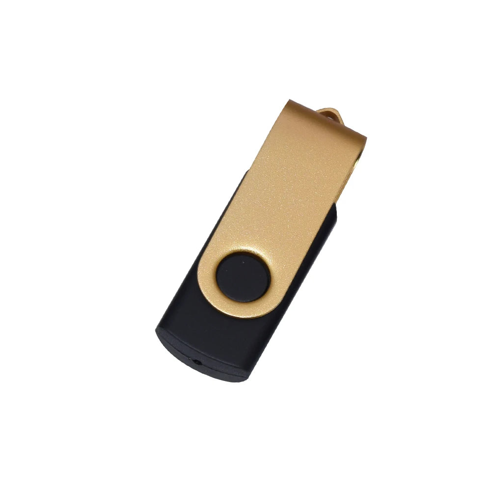 A gold and black rotatable USB flash drive with a circular button.