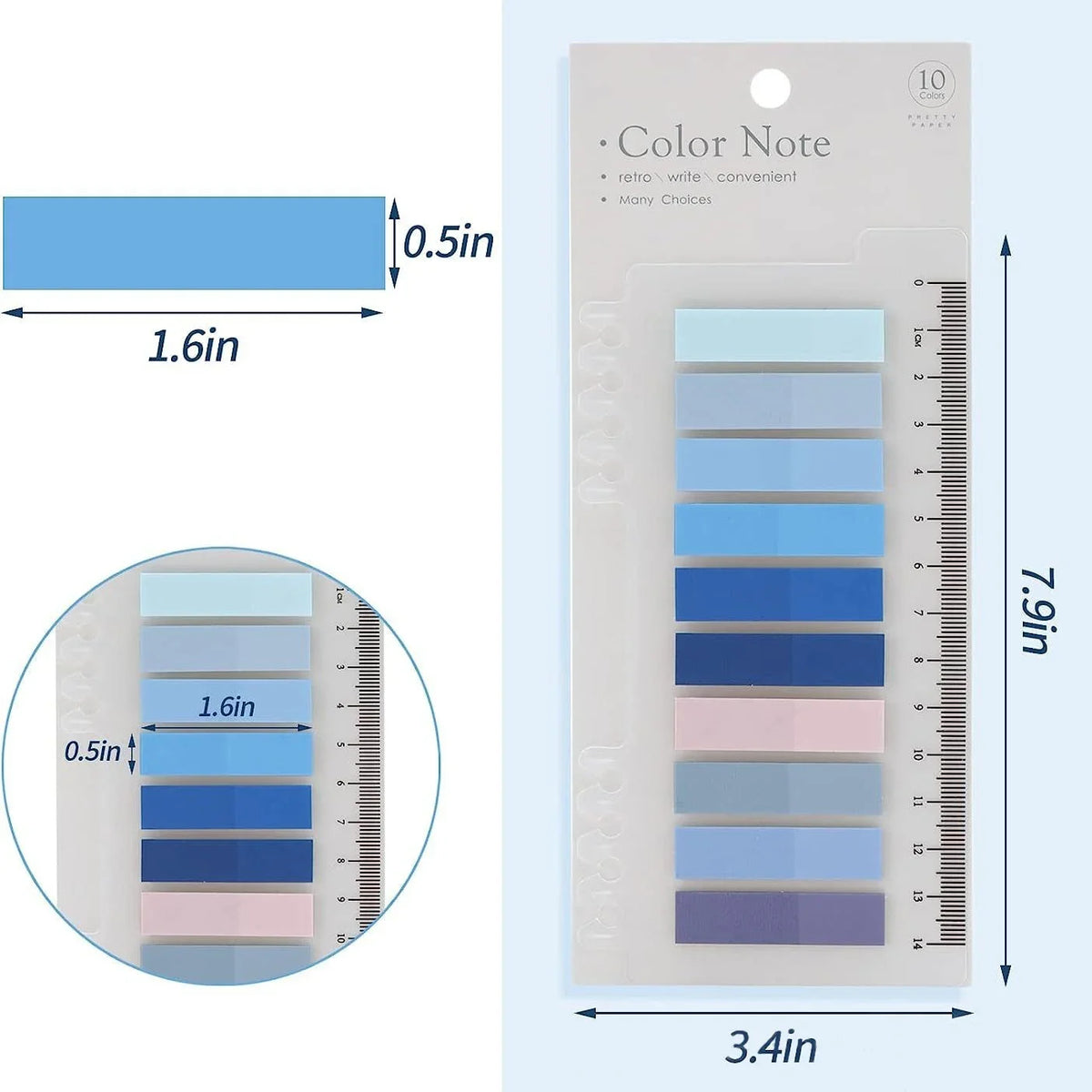 A pack of transparent self-adhesive sticky notes in various shades of blue and pink, measuring 7.9 inches long.