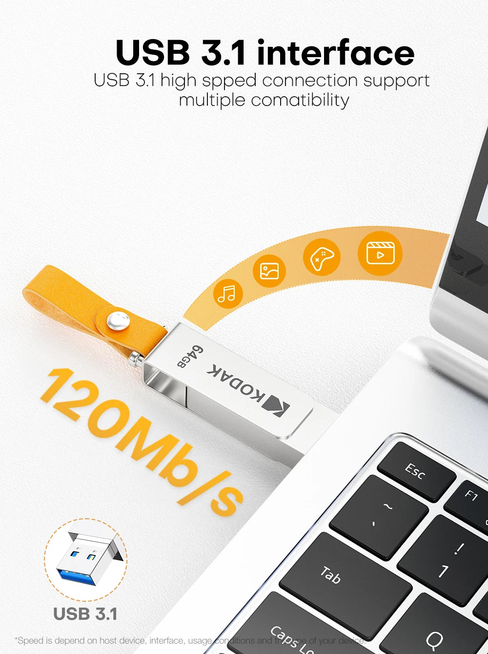 A silver Kodak USB 3.1 flash drive is shown with a leather lanyard, positioned next to a laptop keyboard.
