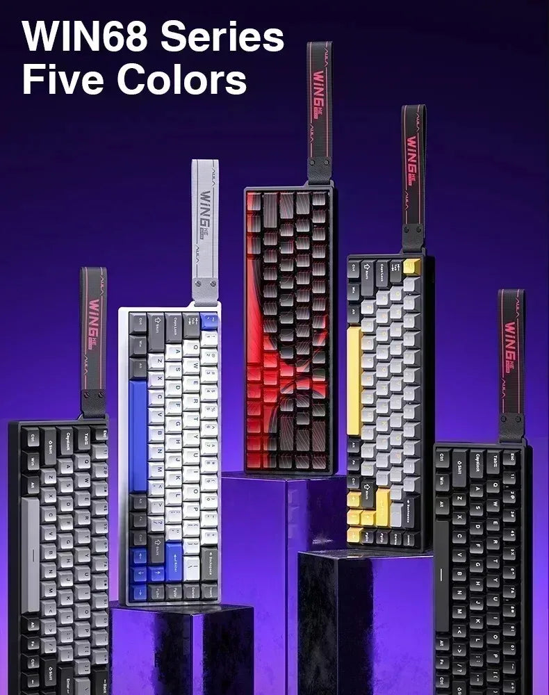 A display of the WIN68 Series five-color wired compact gaming keyboards.