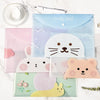 A set of four cute cartoon transparent document pouches featuring animals like a cat, rabbit, bear, and a yellow creature.