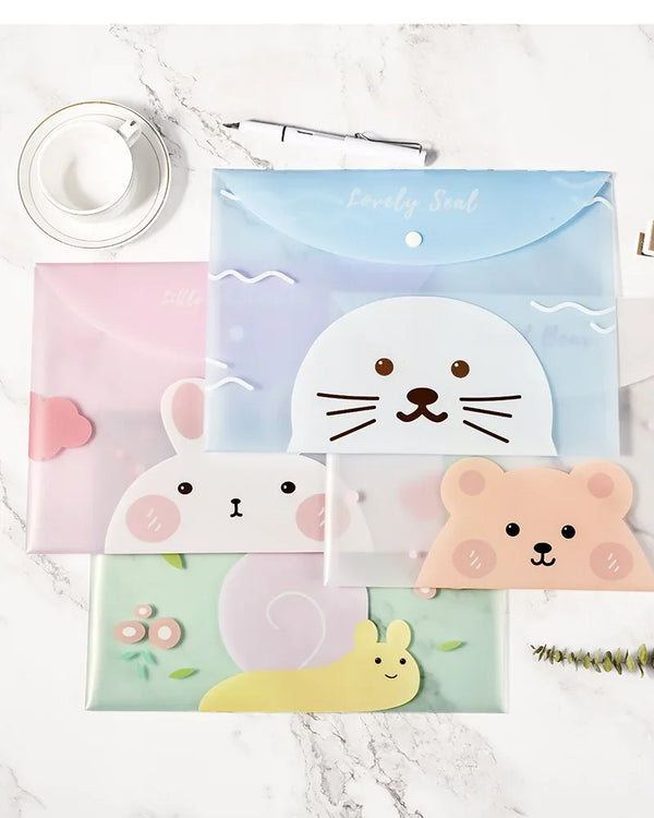 A set of four cute cartoon transparent document pouches featuring animals like a cat, rabbit, bear, and a yellow creature.