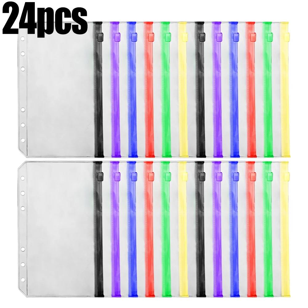 24 pieces of clear PVC zipper binder pockets for cash and small items in various colors