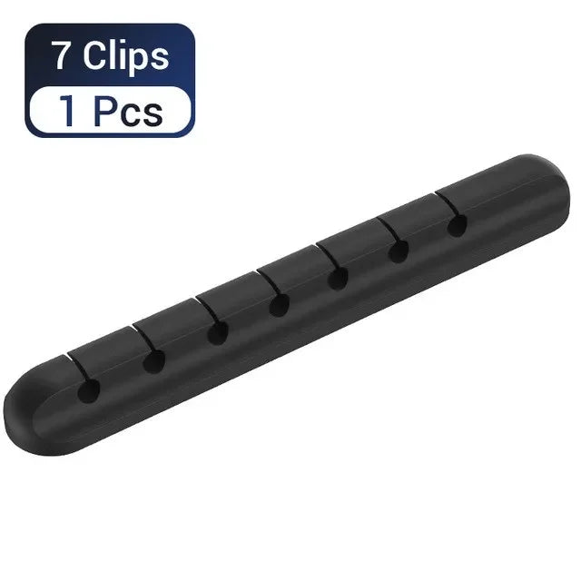 Black silicone cable organizer and winder set with seven clips for cable management