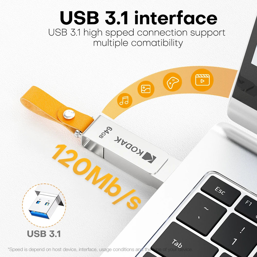 Kodak metal USB 3.1 flash drive with a leather lanyard shown next to a laptop.