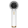 A white mini handheld USB portable cooling fan with a circular grille and gold accents.