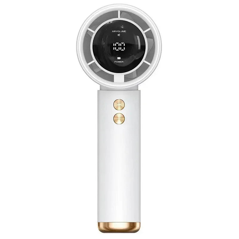 A white mini handheld USB portable cooling fan with a circular grille and gold accents.