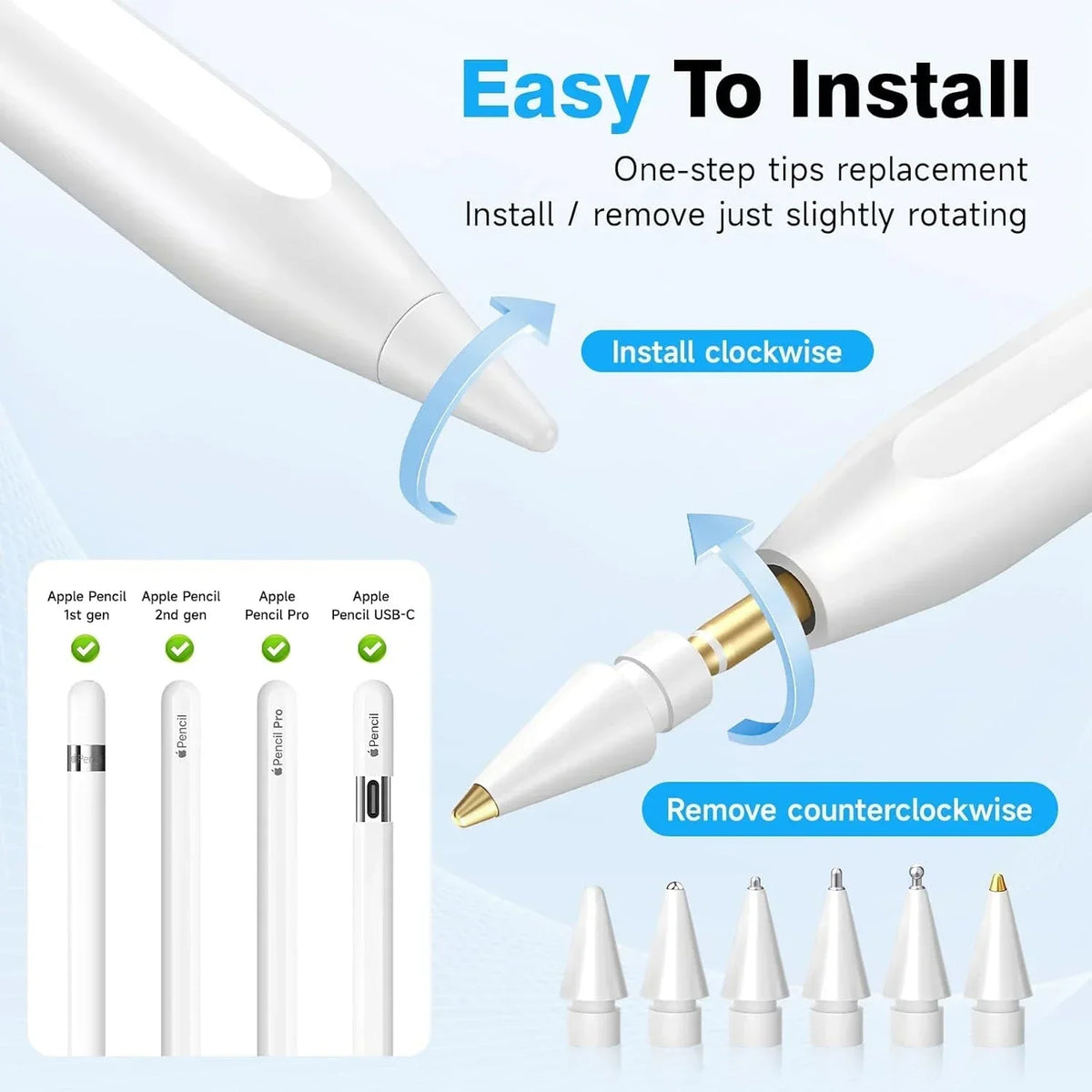 Weiße Ersatz-Nibs für Apple Pencil, mit Installations- und Entfernungsanweisungen.