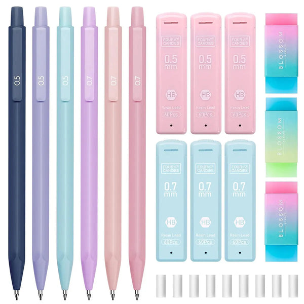 A set of aesthetic pastel mechanical pencils in various shades of pink, purple, and mint green.
