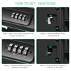 Instructions showing how to set a new code on a portable combination lock box by dialing and pushing a reset lever.