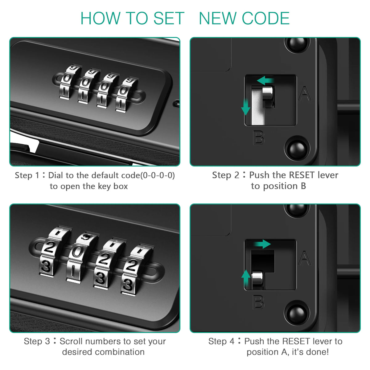 Instructions showing how to set a new code on a portable combination lock box by dialing and pushing a reset lever.