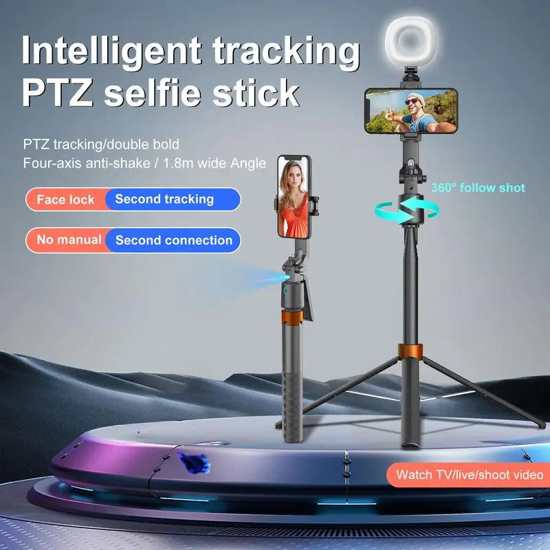 An intelligent tracking PTZ selfie stick mounted on a tripod, showing a camera with a face and a follow shot.