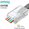 An unshielded CAT5E modular RJ45 connector with through-hole diameter of 1.0mm.