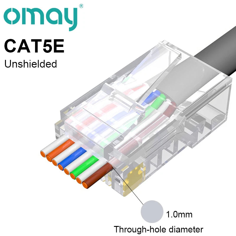 An unshielded CAT5E modular RJ45 connector with through-hole diameter of 1.0mm.