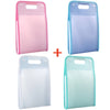 Three accordion file organizers in pink, blue, and mint green colors shown side by side.