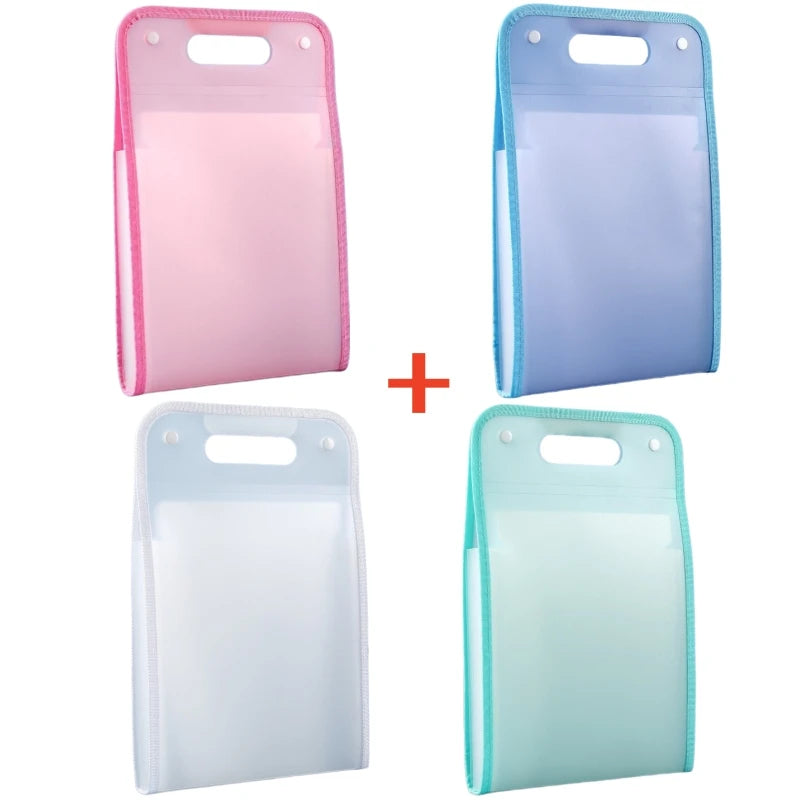 Three accordion file organizers in pink, blue, and mint green colors shown side by side.