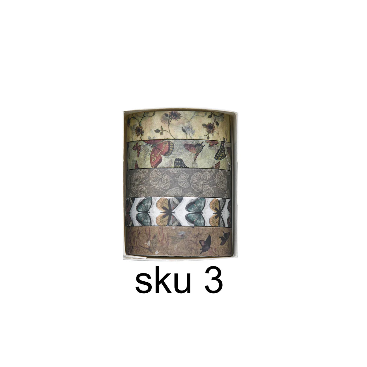 A set of five rolls of decorative floral masking tape featuring various natural and botanical patterns.