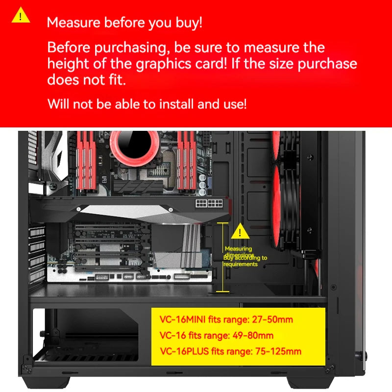 An internal view of a computer case showing an adjustable magnetic GPU support bracket with aluminum construction.