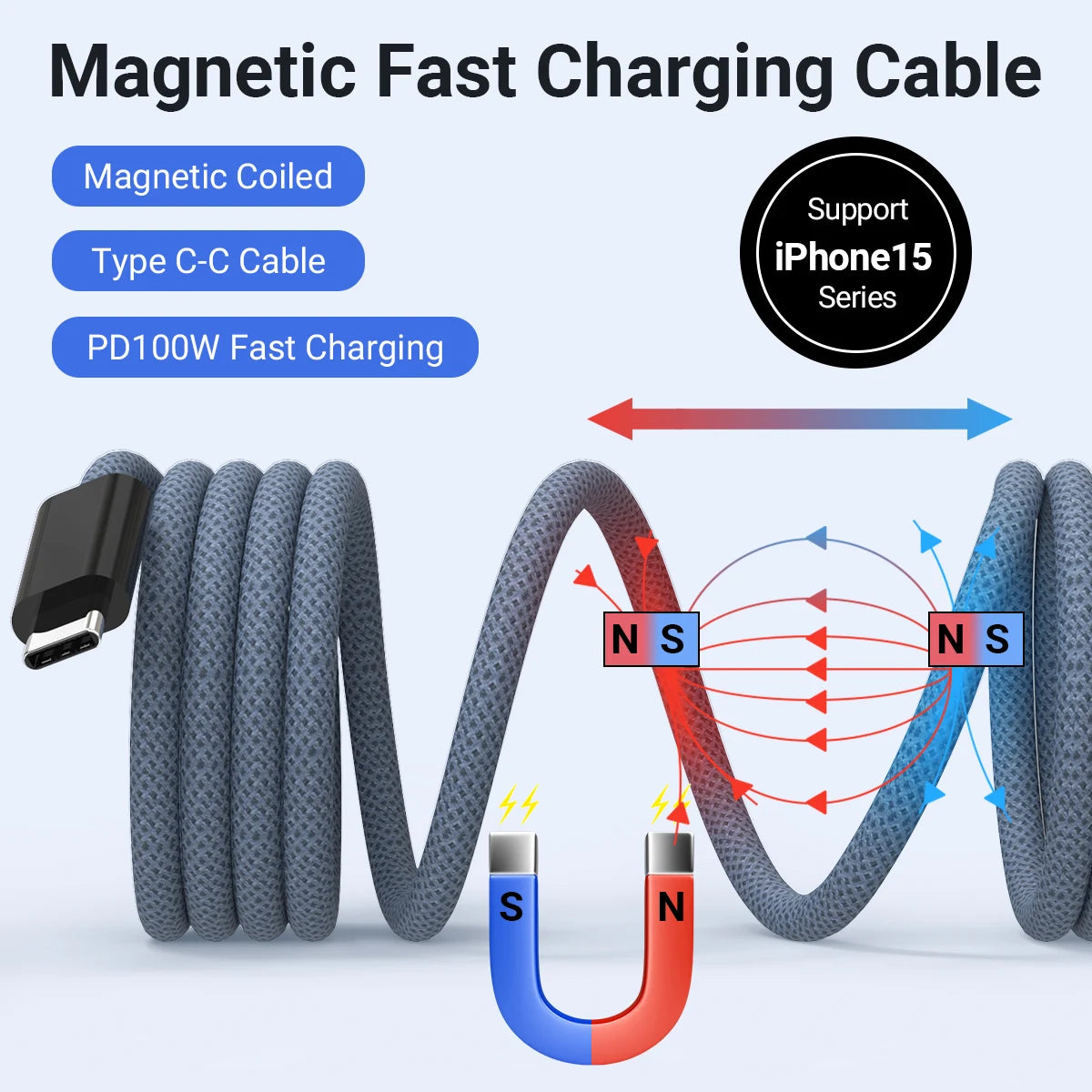 A magnetic fast charging cable for iPhone 15 series, showing the coiled cable and magnetic connectors.