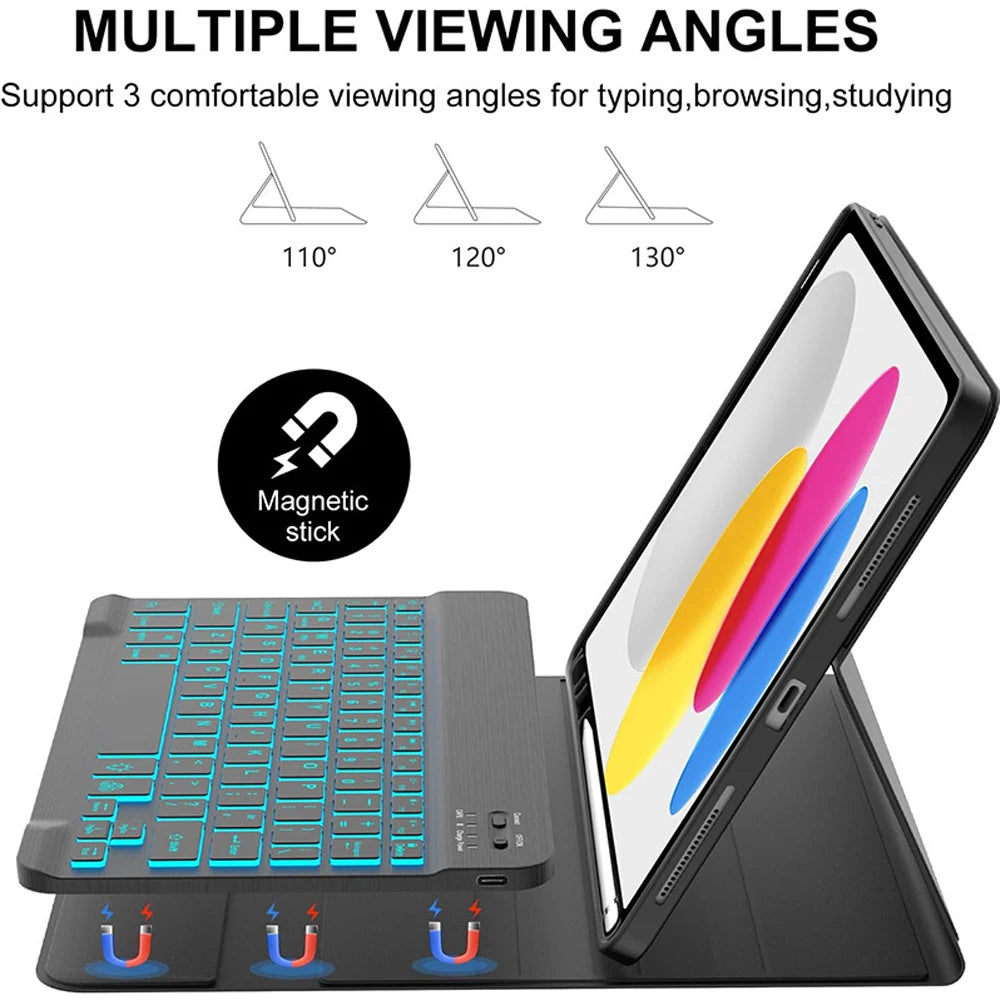 Estuche de teclado desmontable negro para iPad, mostrando múltiples ángulos y función de varilla magnética.